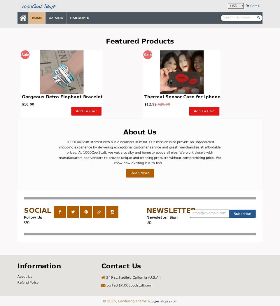 Compact Shopify theme site example 1000coolstuff.com