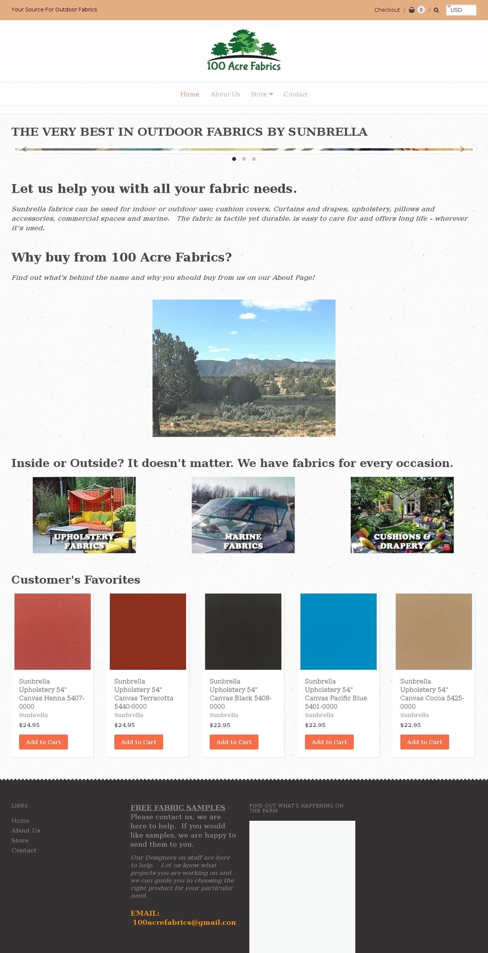100acrefabrics.com — Shopify storefront screenshot