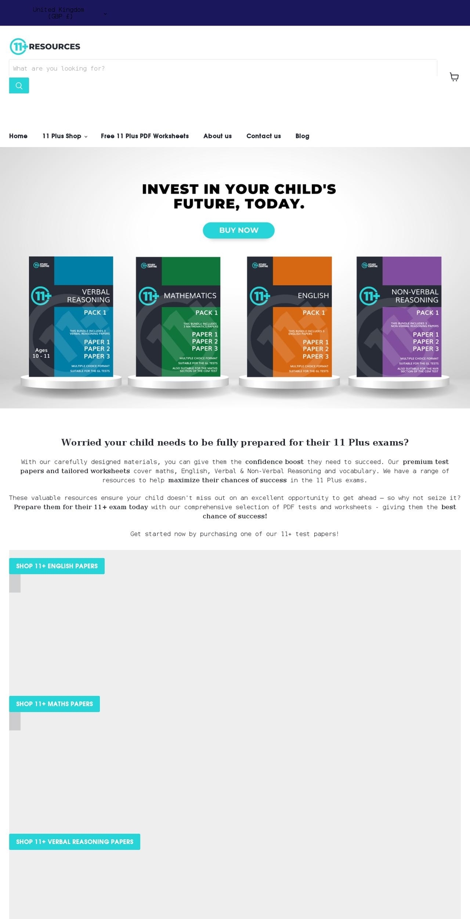 11plusresources.com shopify website screenshot