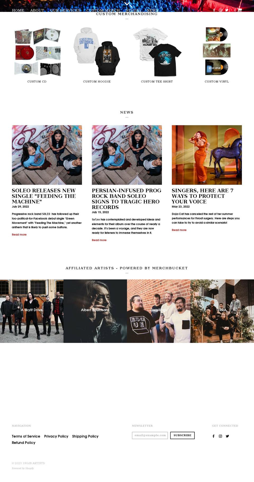180dbartists.com shopify website screenshot