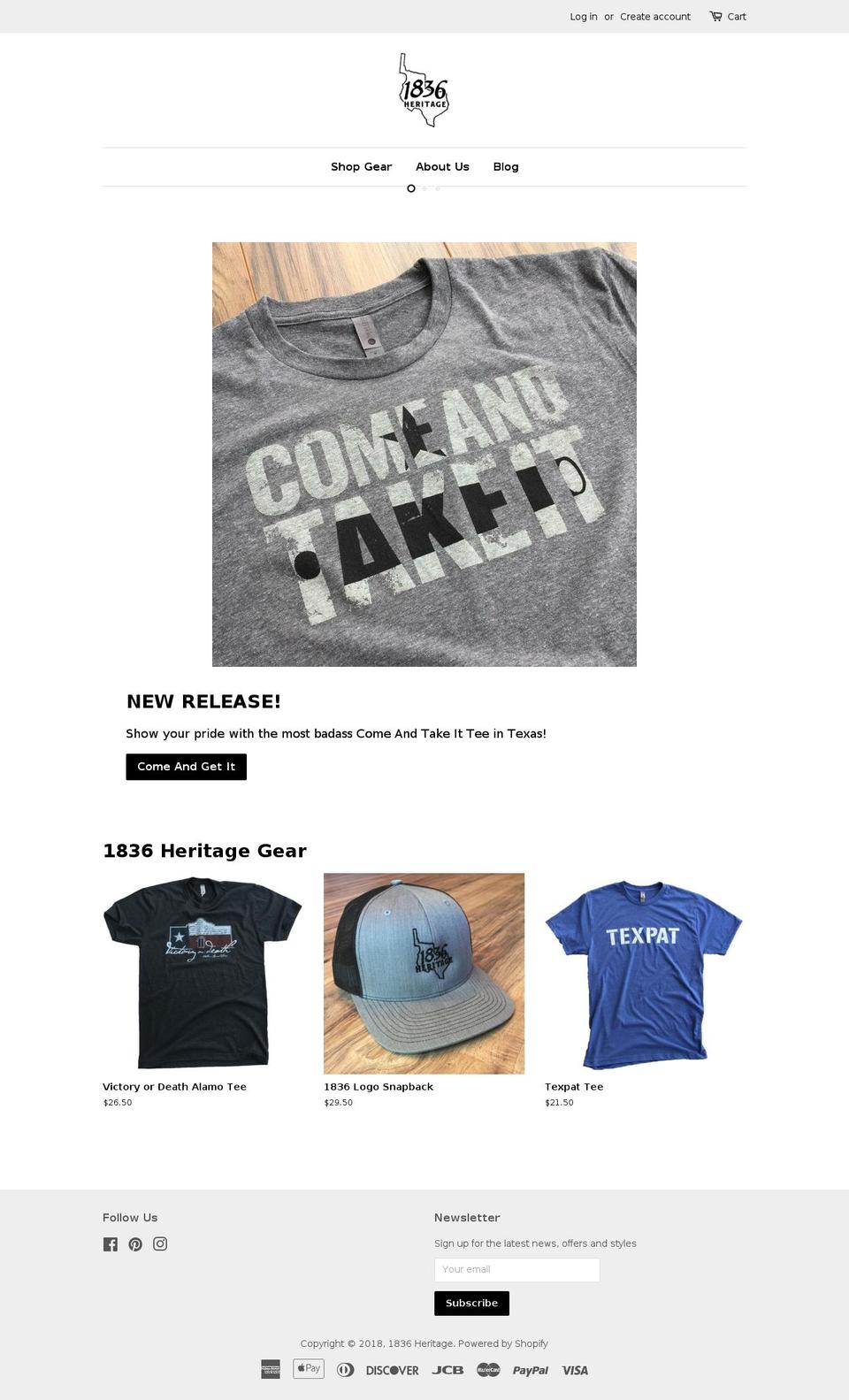 1836heritage.com — Shopify storefront screenshot