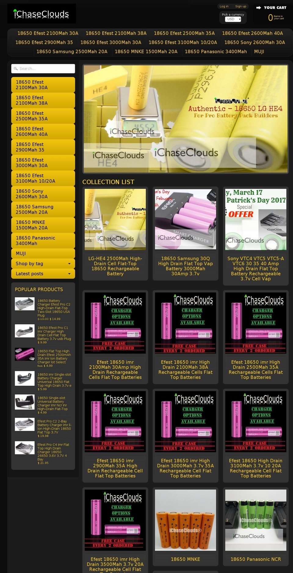 18650batteryandchargers.com shopify website screenshot