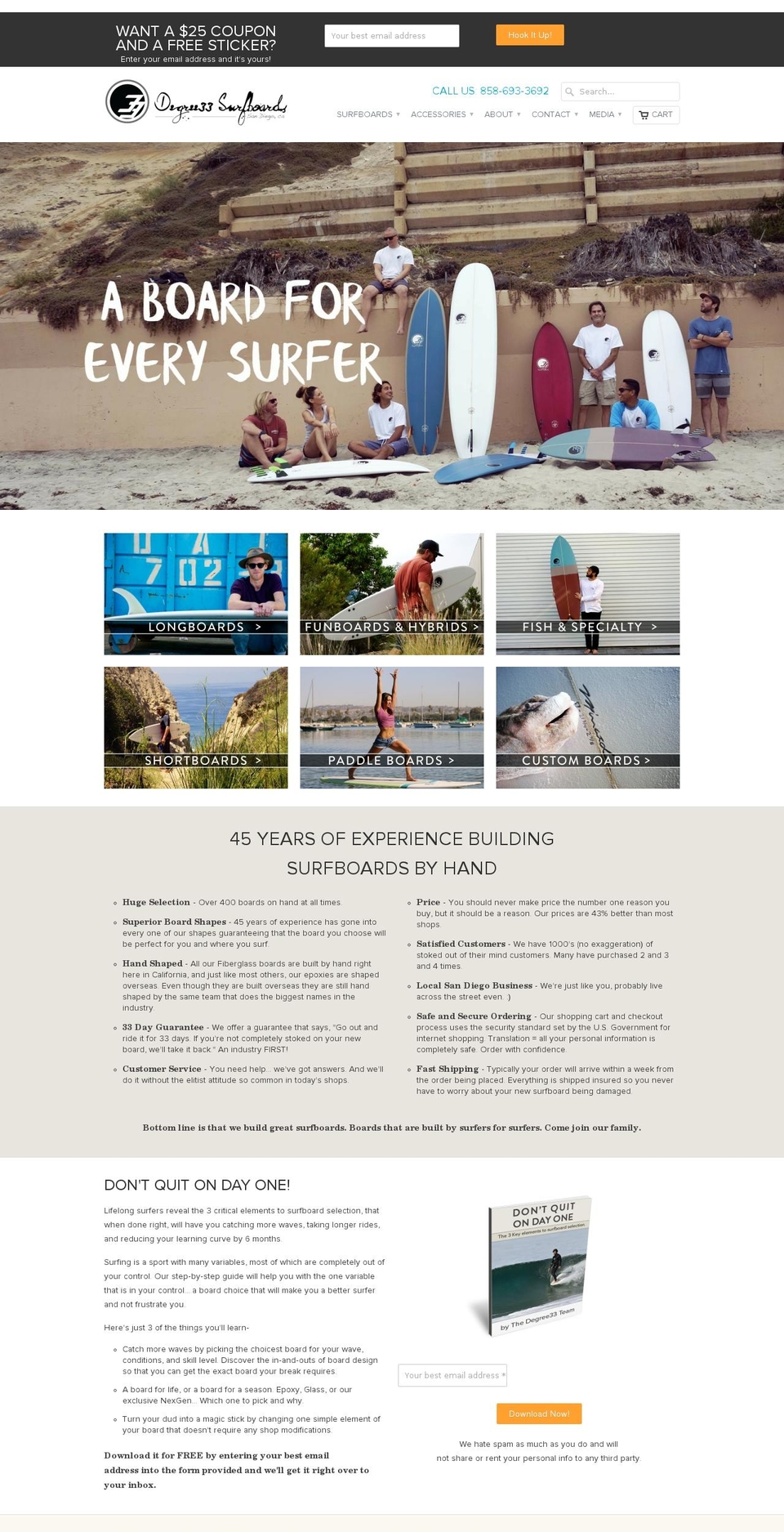 33degreesurfboards.com shopify website screenshot