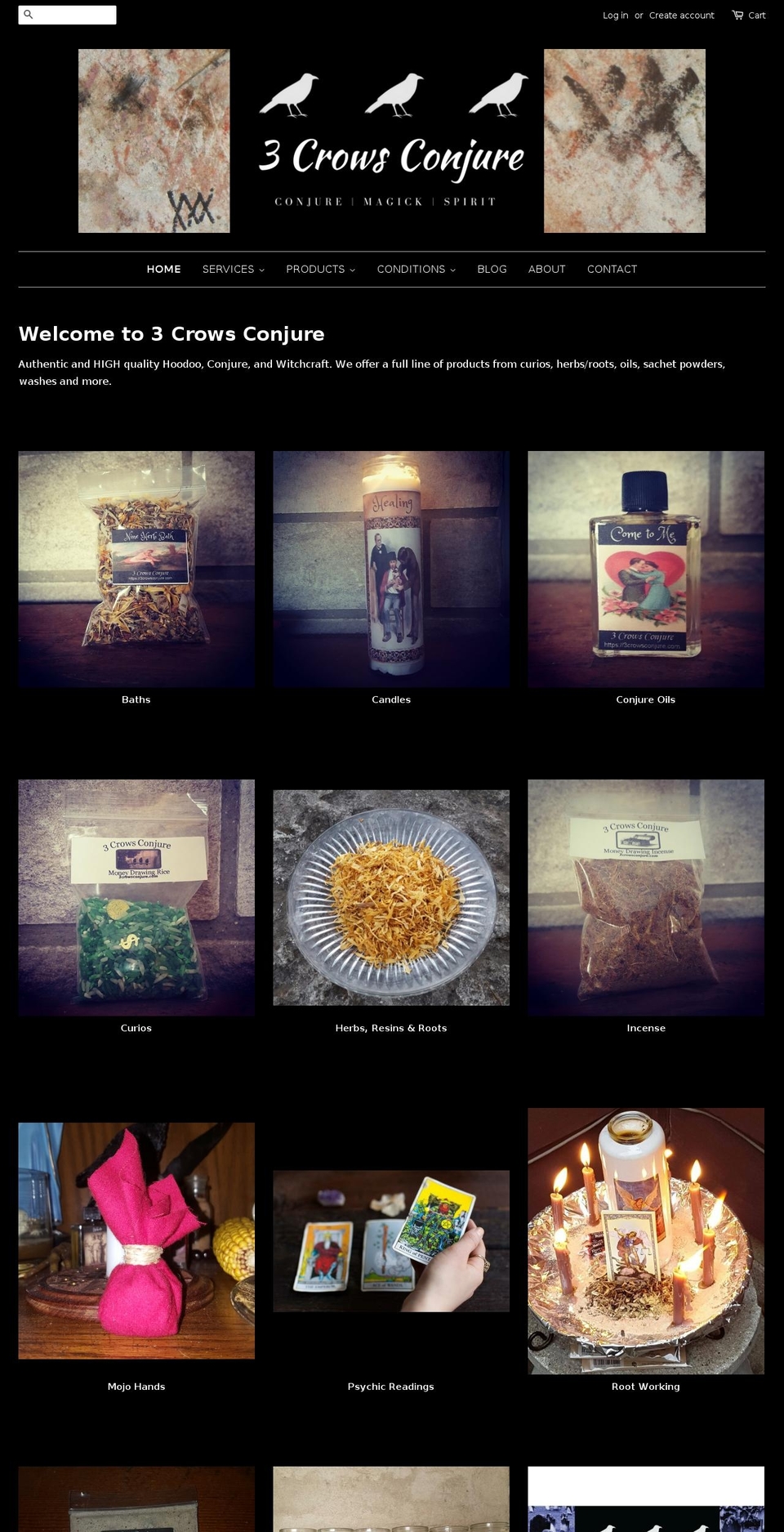 3crowsconjure.com — Shopify storefront screenshot