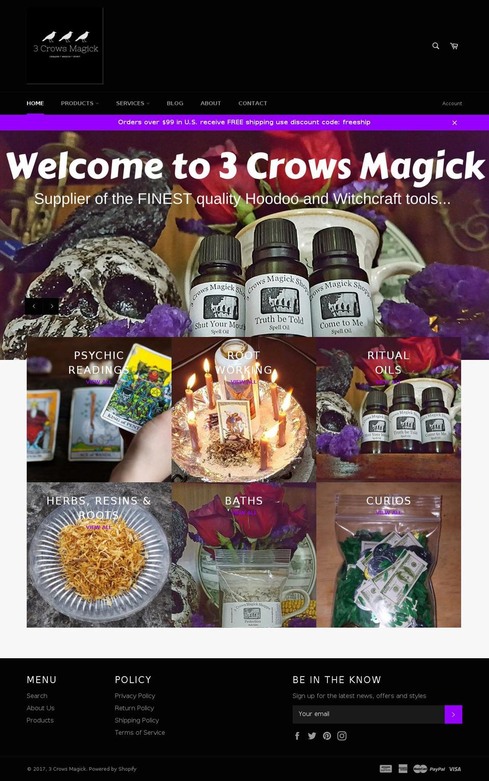 3crowsmagick.com shopify website screenshot