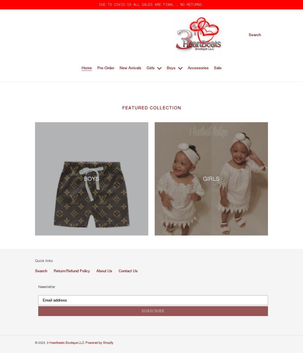 3heartbeatsboutique.com shopify website screenshot