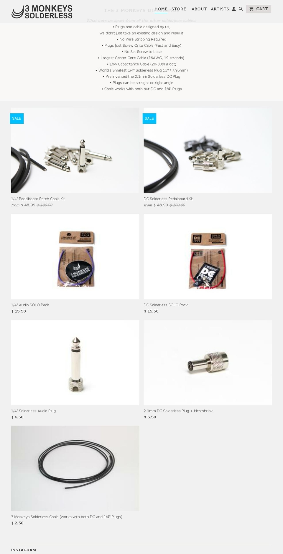 3monkeyssolderless.com — Shopify storefront screenshot