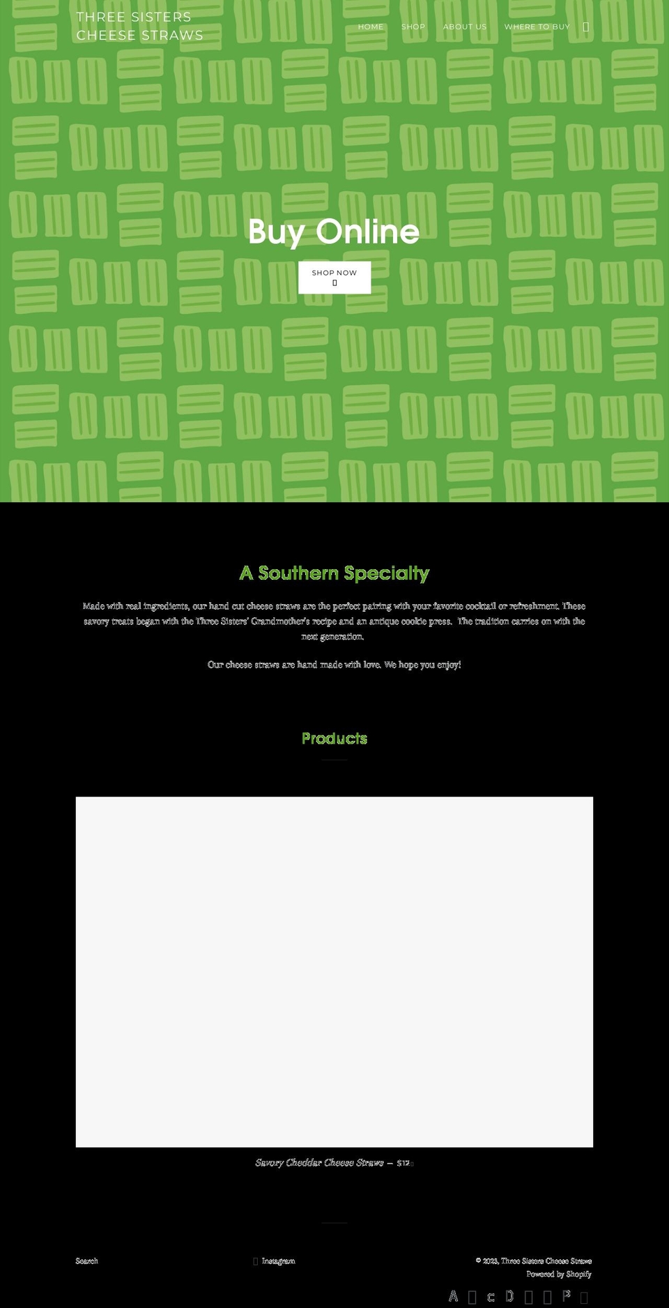 3sisterscheesestraws.com — Shopify storefront screenshot