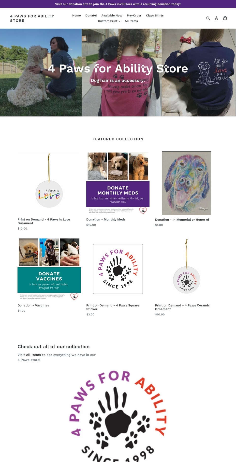 4pawsforabilitystore.org shopify website screenshot