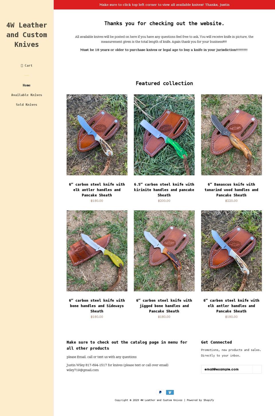 4wleatherandknives.com shopify website screenshot
