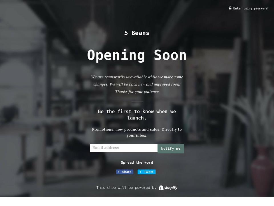 5beansstore.com shopify website screenshot