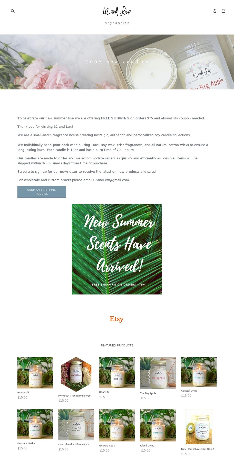 62andlexcandles.com shopify website screenshot