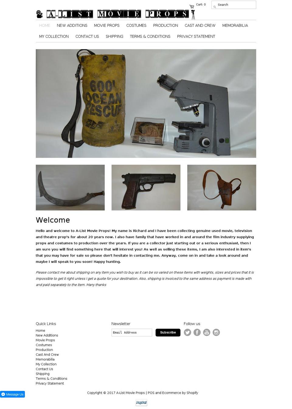 a-listmovieprops.com shopify website screenshot