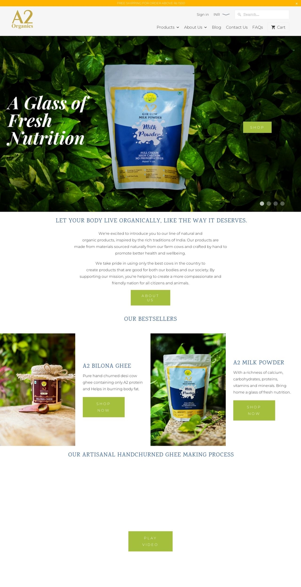 a2organics.in shopify website screenshot