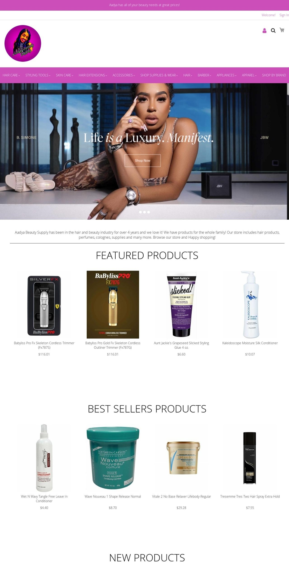 aadyahairandbeauty.com — Shopify storefront screenshot