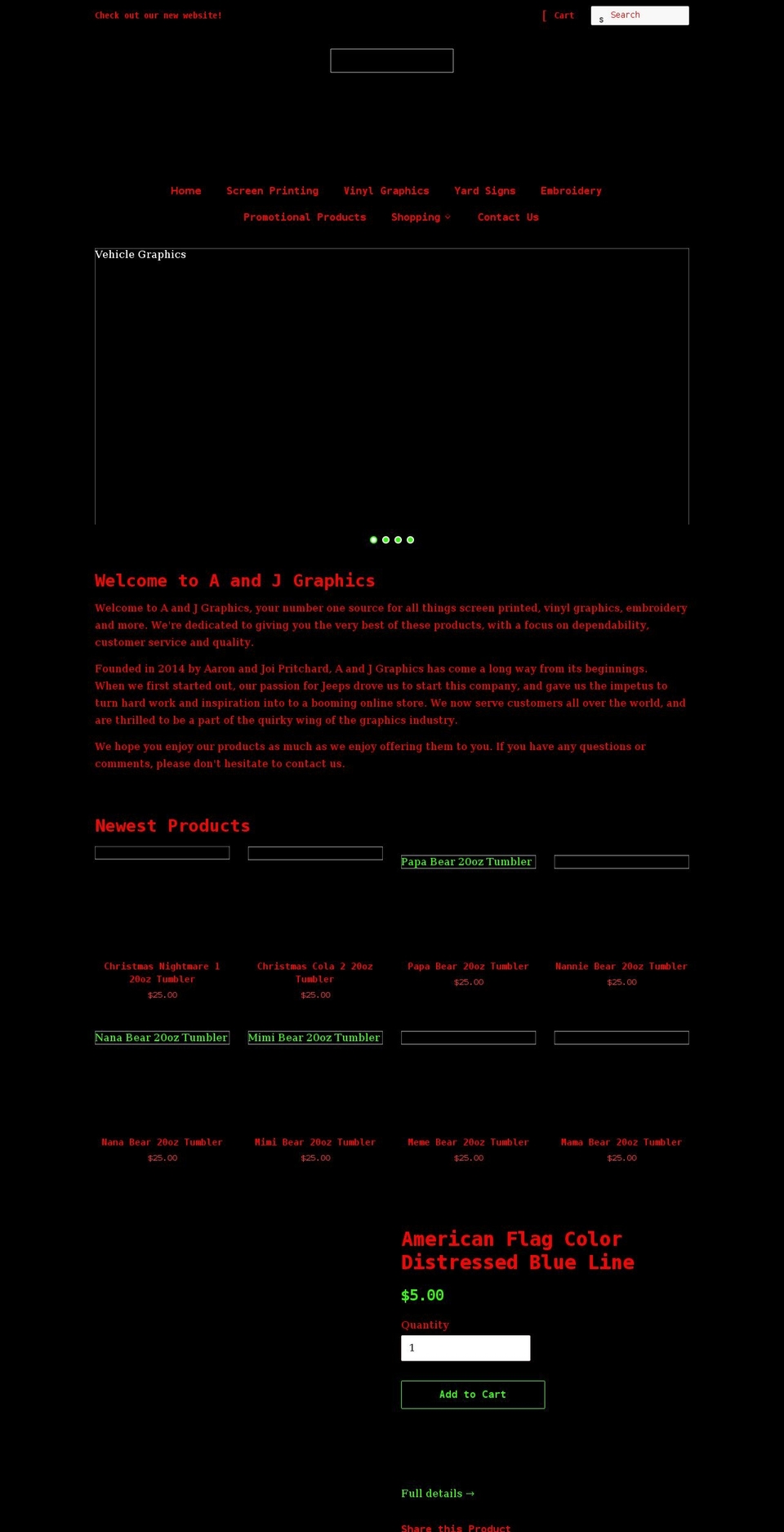 aandjgraphicsdesign.com shopify website screenshot