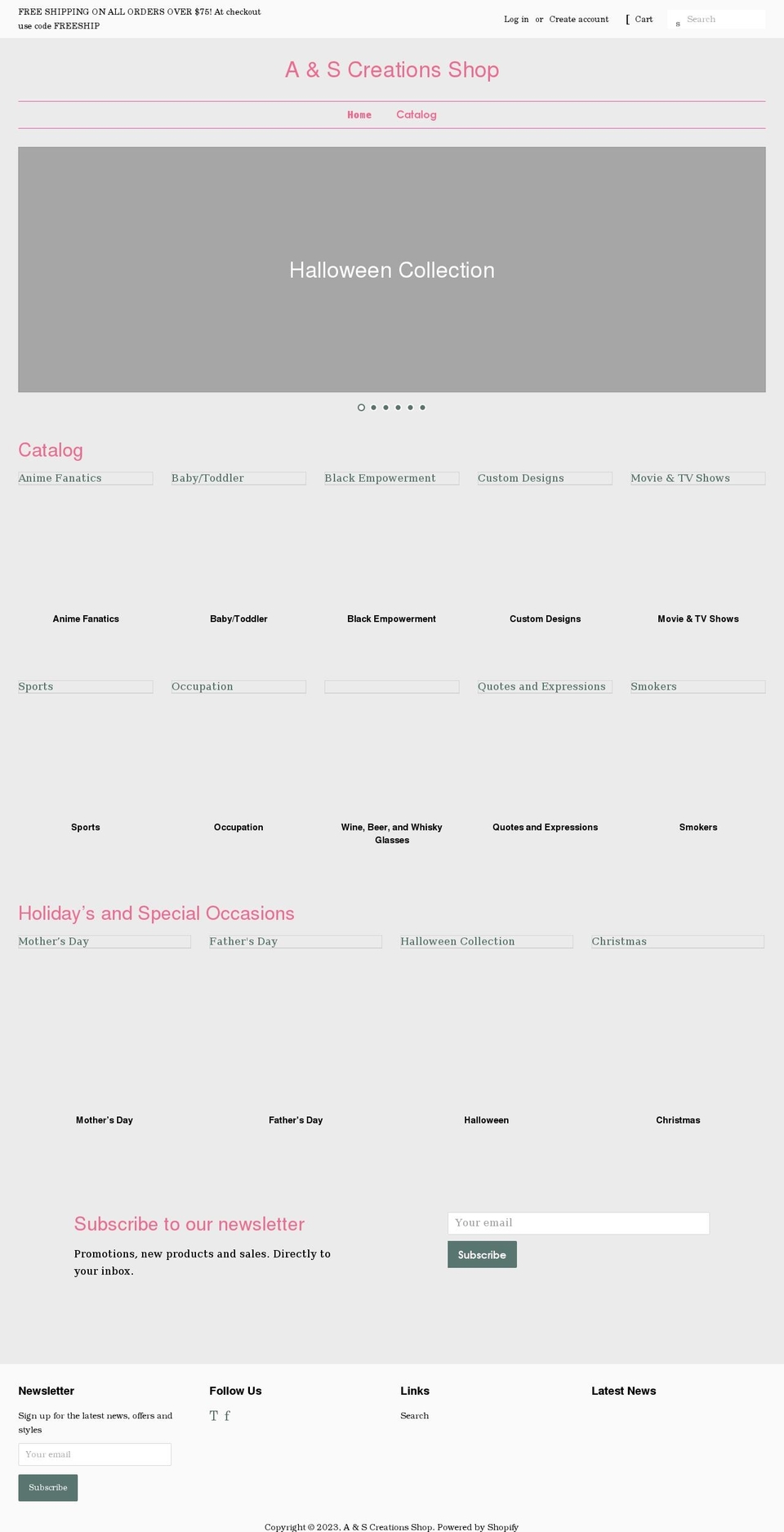 aandscreationsshop.com shopify website screenshot