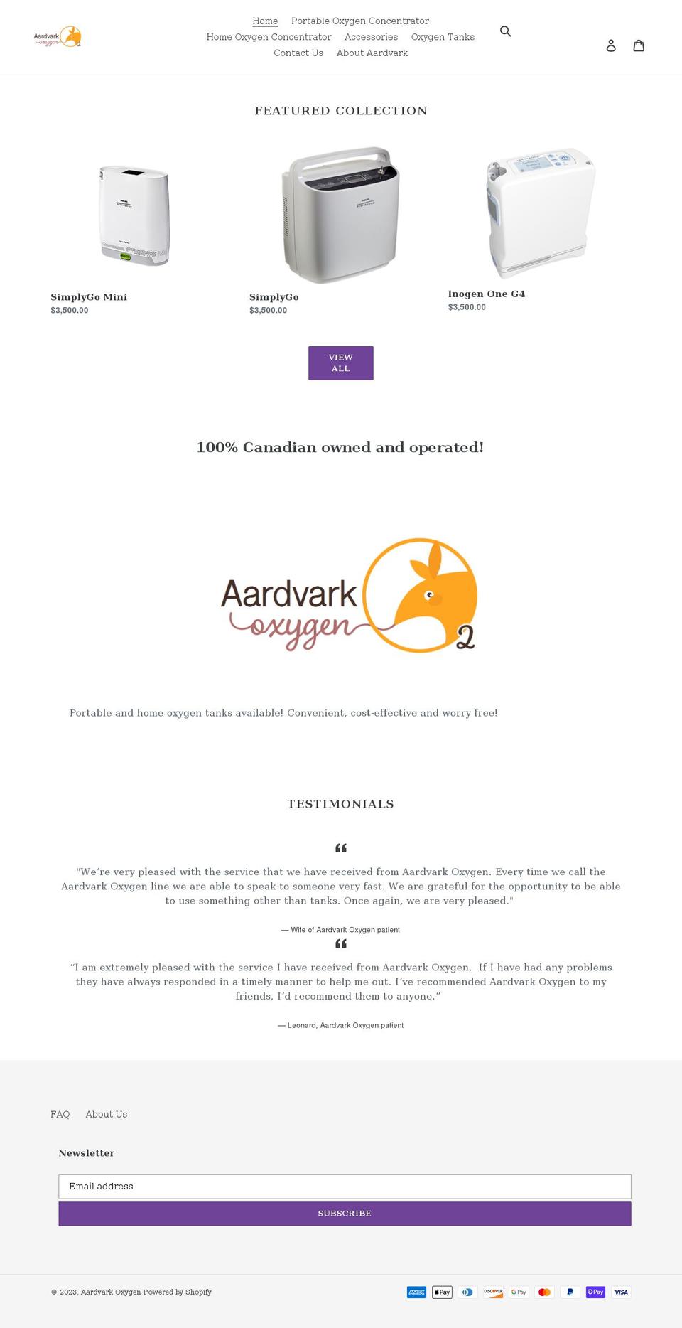 aardvarkoxygen.com shopify website screenshot