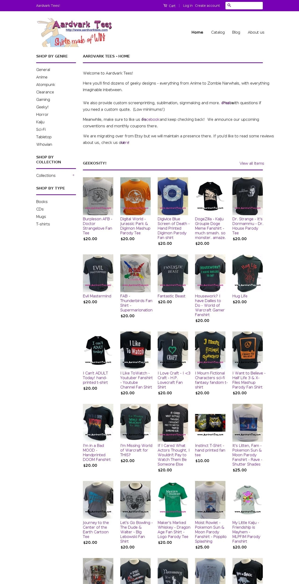 aardvarktees.com shopify website screenshot