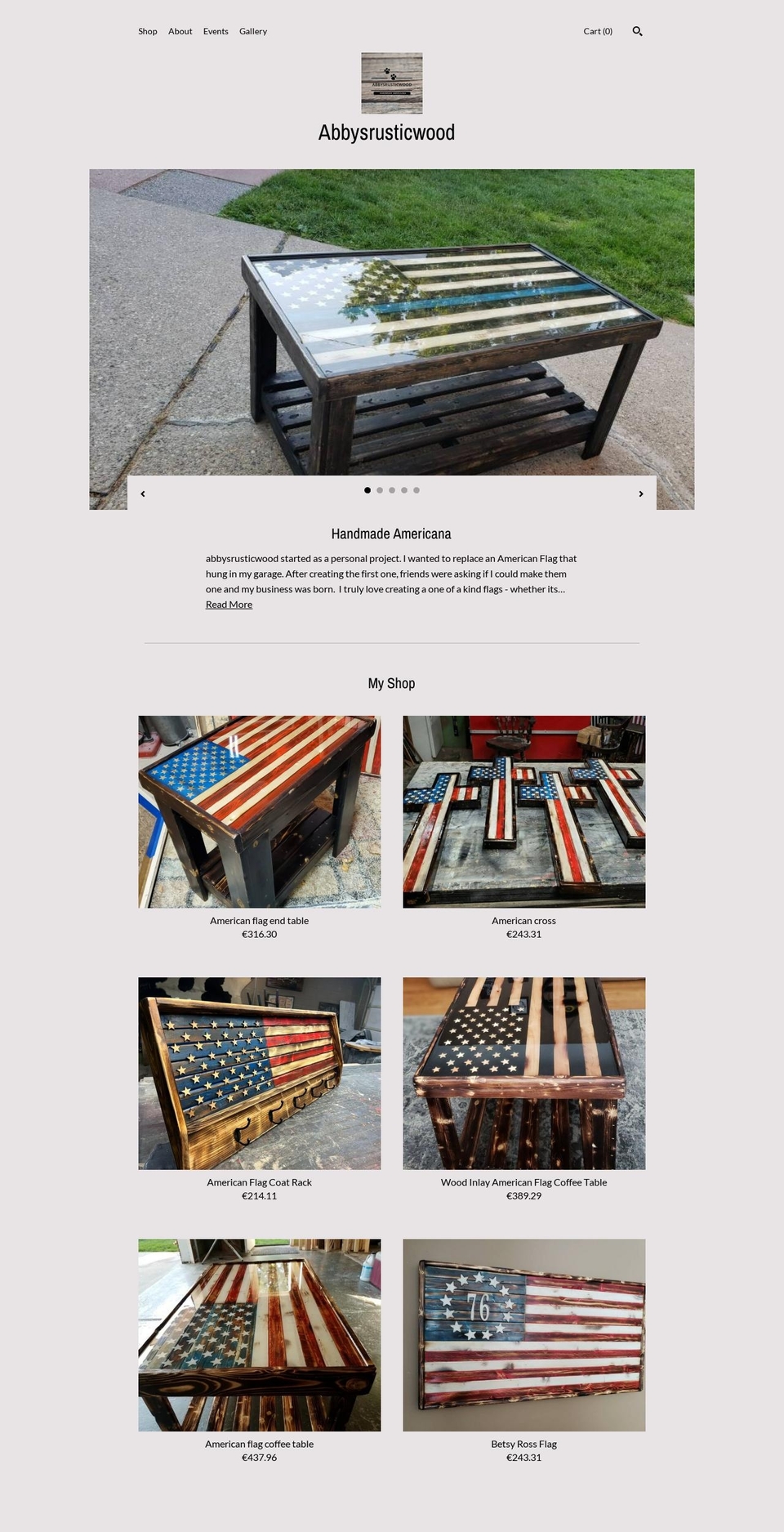 abbysrusticwood.com — Shopify storefront screenshot