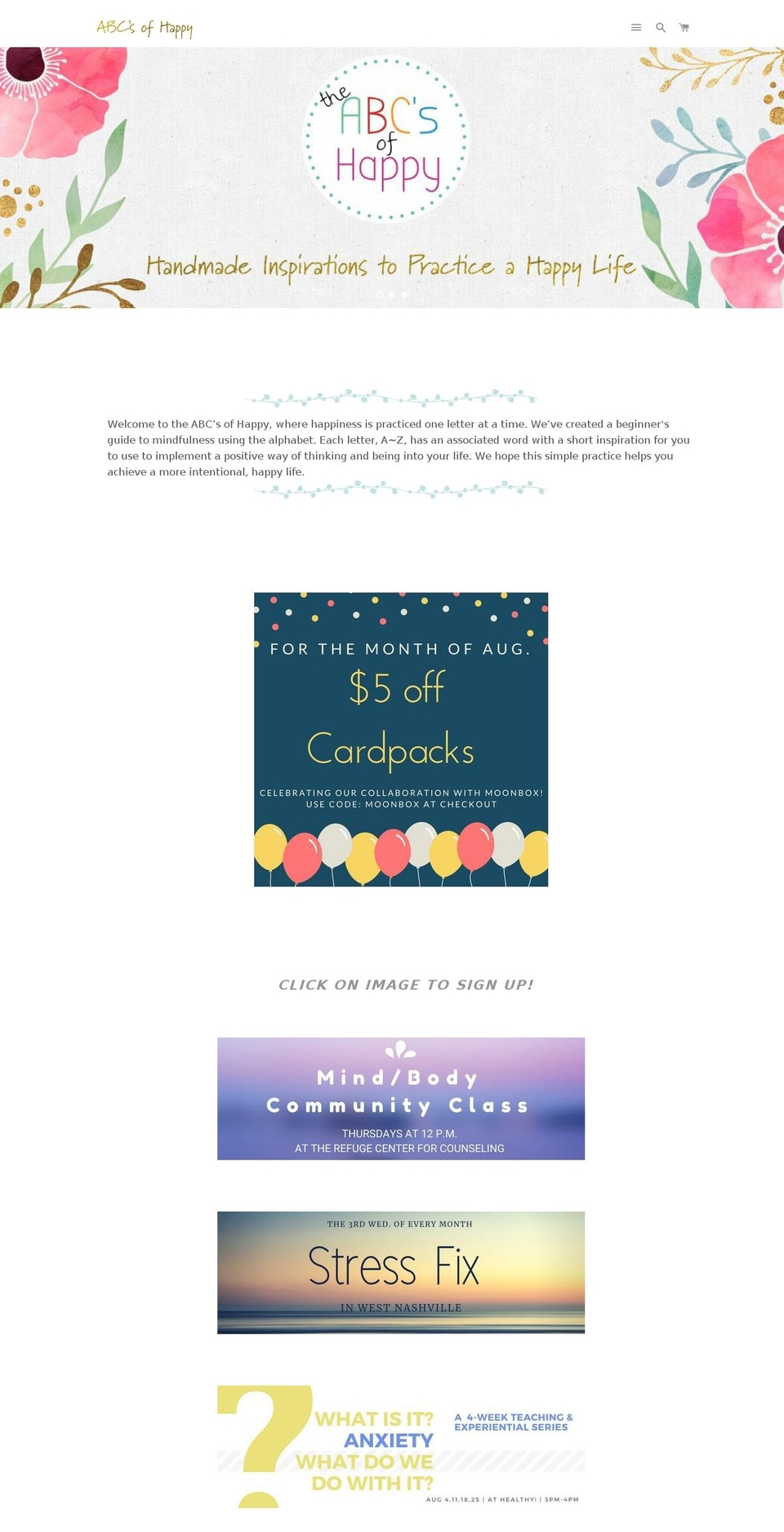 abcsofhappy.com — Shopify storefront screenshot