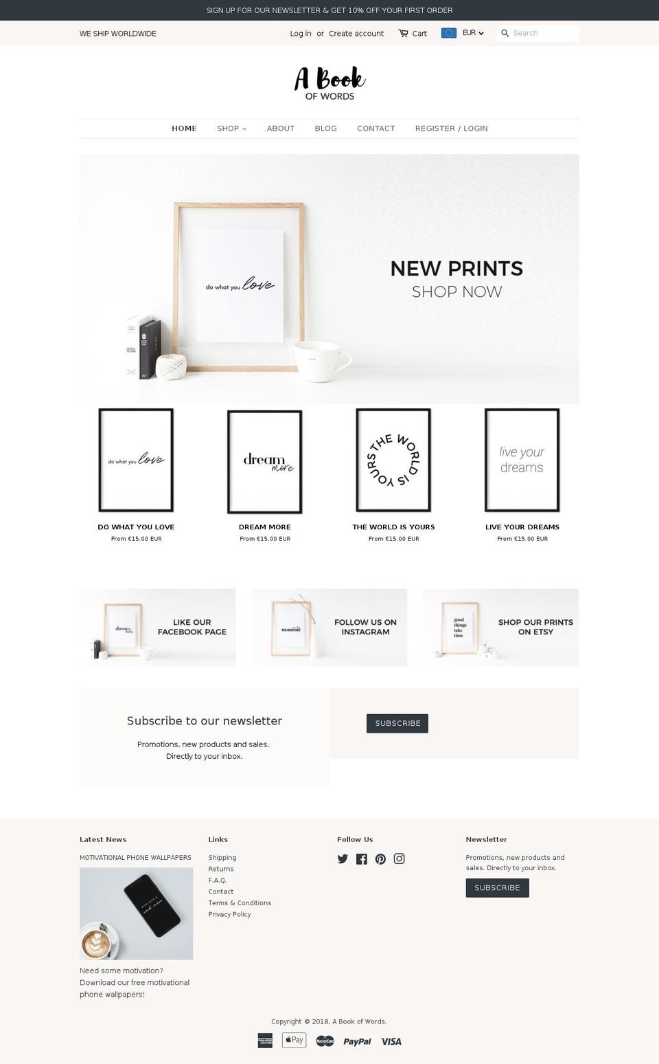 abookofwords.com — Shopify storefront screenshot