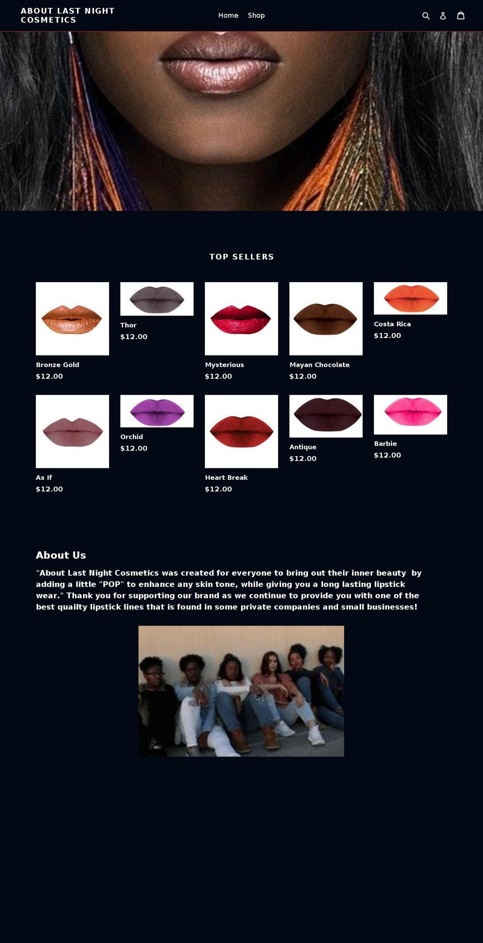 aboutlastnightcosmetics.com shopify website screenshot
