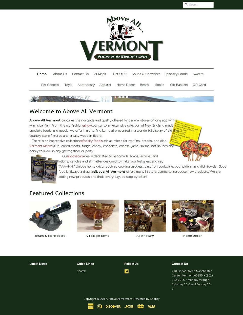 aboveallvermont.com shopify website screenshot