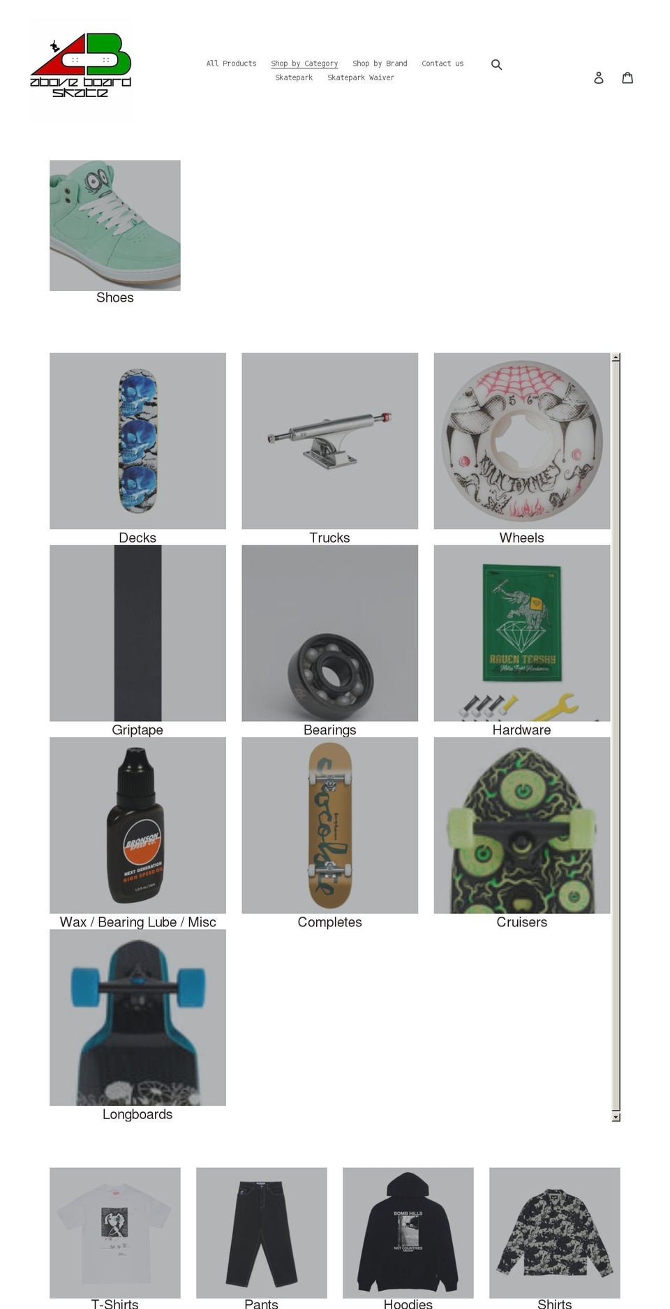 aboveboardskateshop.com shopify website screenshot