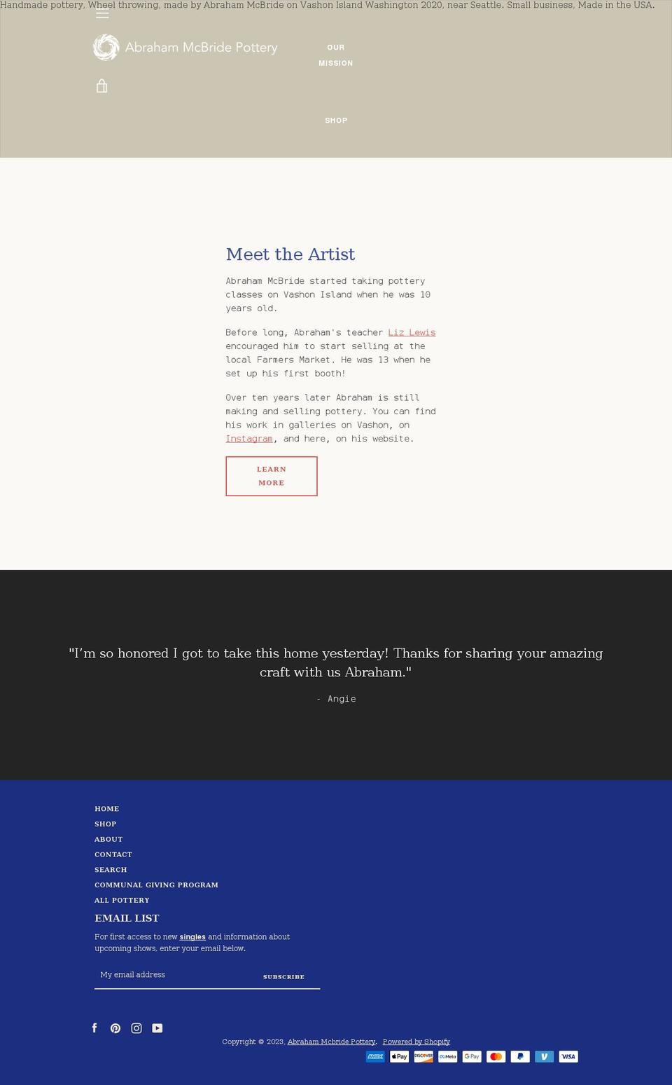 abrahammcbridepottery.com shopify website screenshot