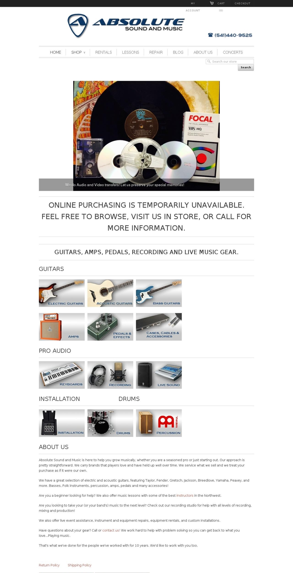 absolutesoundandmusic.com shopify website screenshot