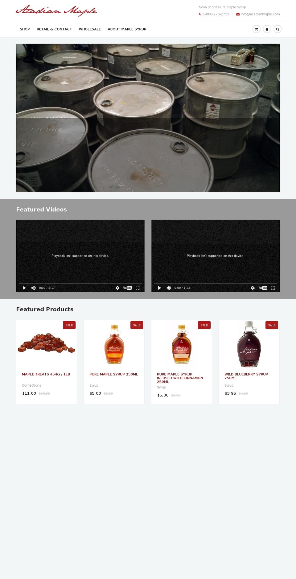 acadianmaple.com shopify website screenshot