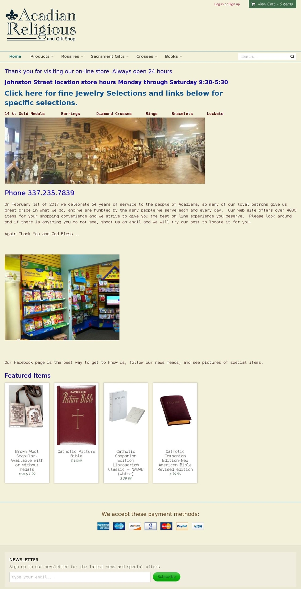 acadianreligious.com shopify website screenshot