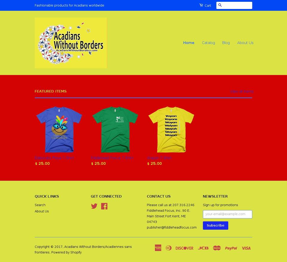acadianswithoutborders.com shopify website screenshot