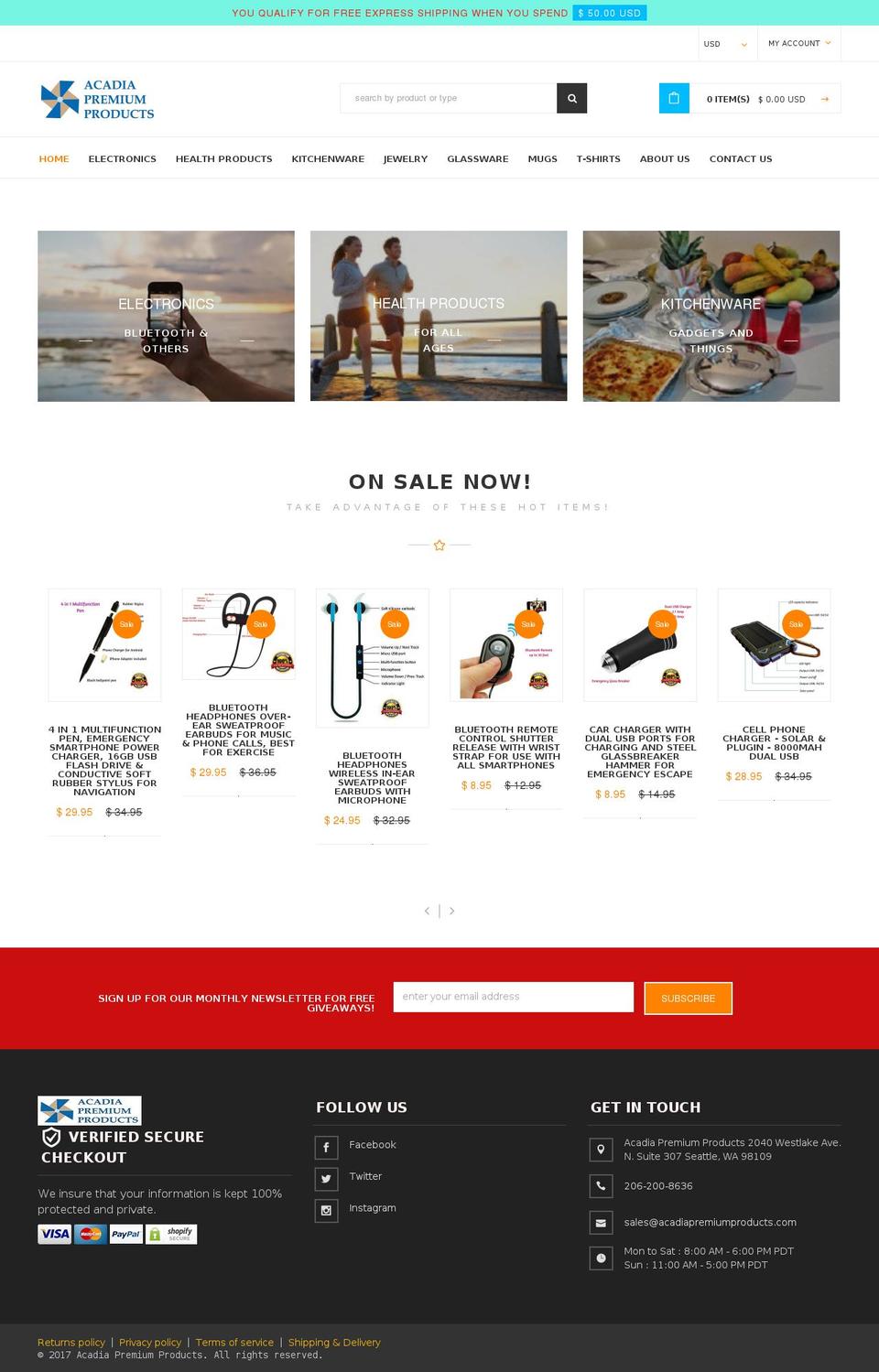 acadiaproducts.com shopify website screenshot