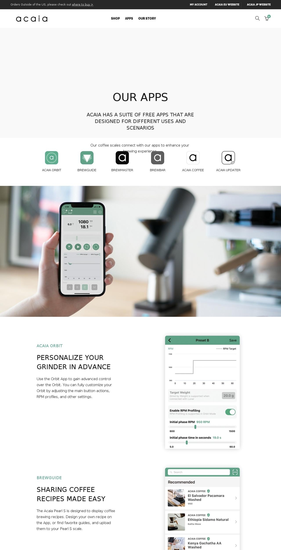 acaia.app shopify website screenshot