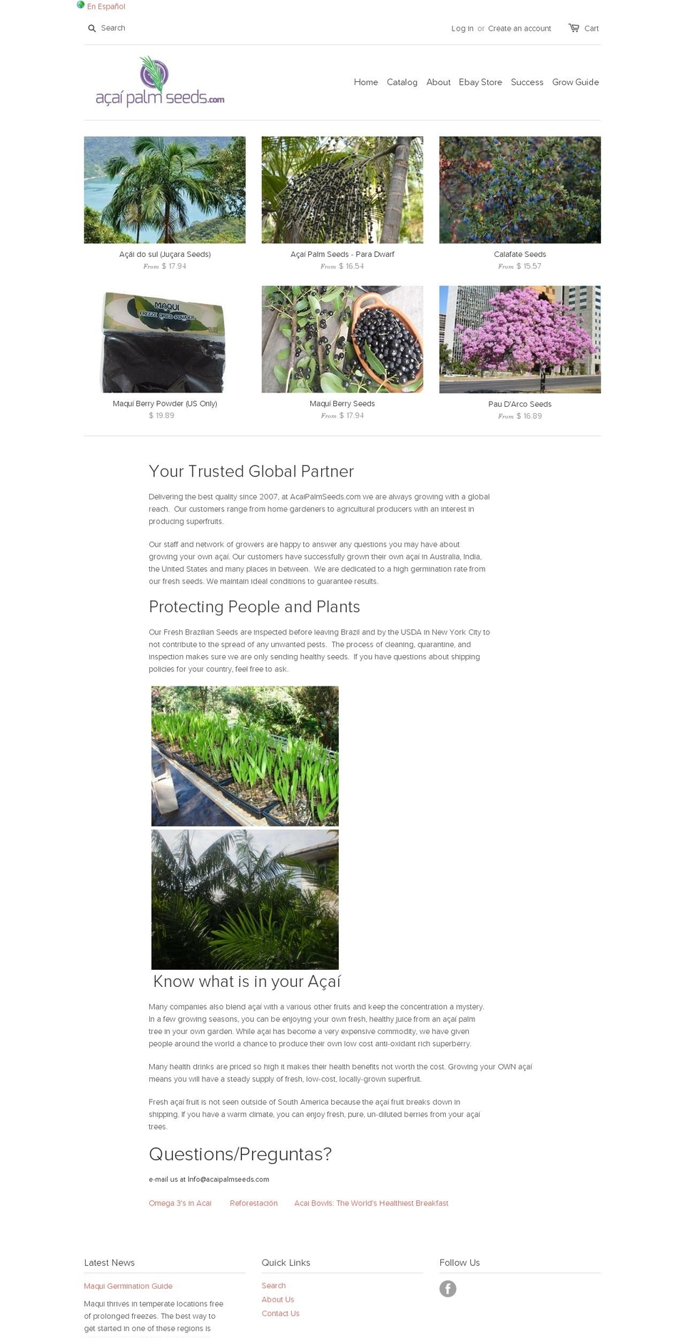 acaipalmseeds.com shopify website screenshot