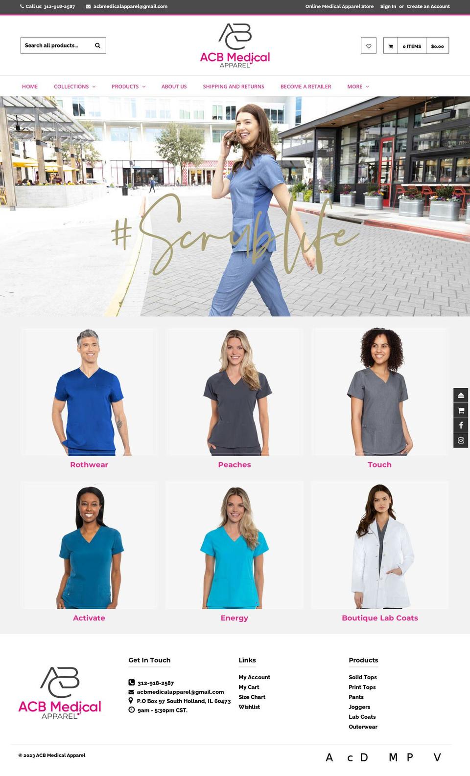 acbmedicalapparel.com shopify website screenshot