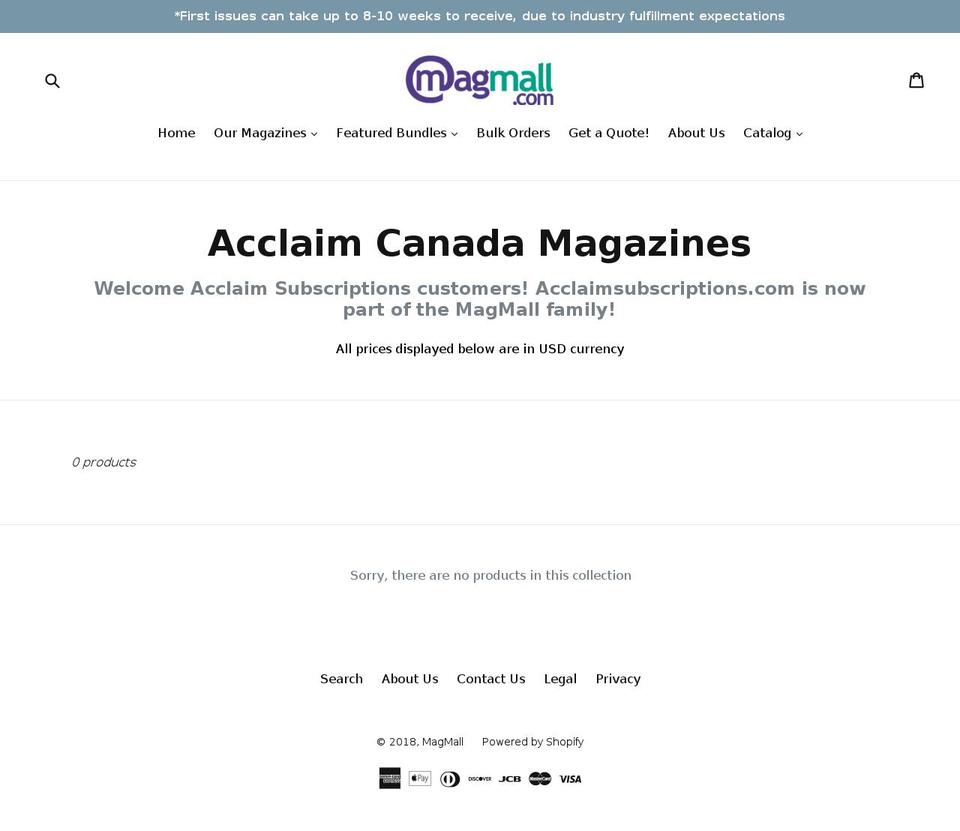 acclaimsubscriptions.ca shopify website screenshot