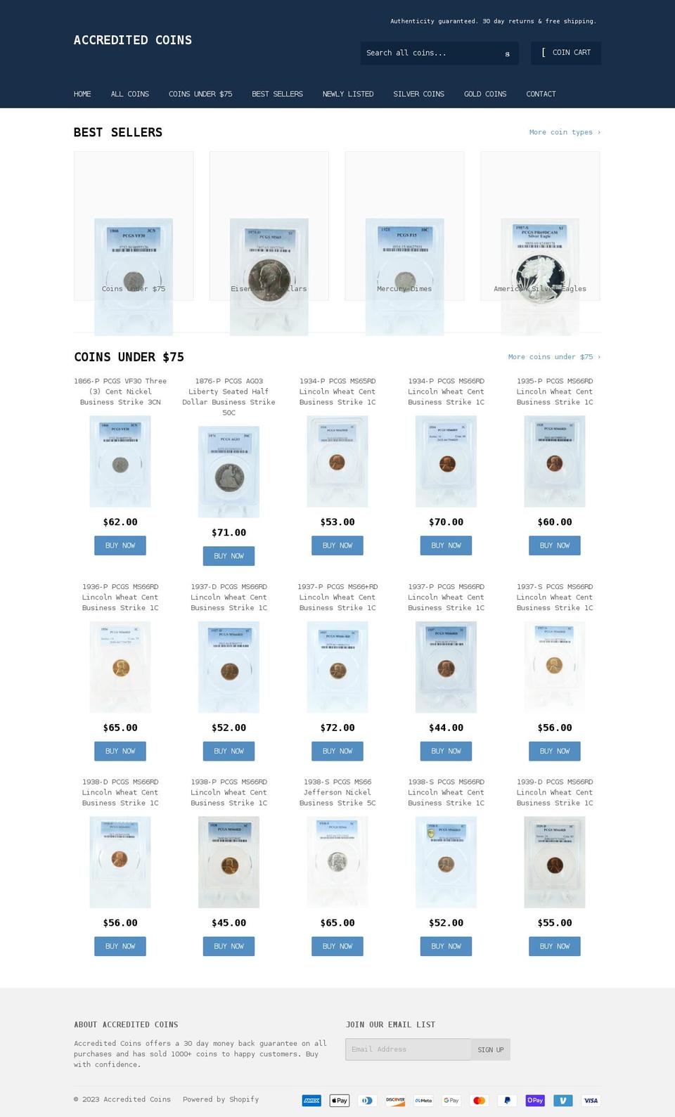 accreditedcoins.com shopify website screenshot