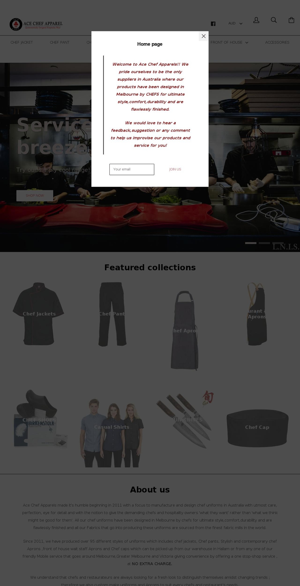 acechefapparels.com.au shopify website screenshot