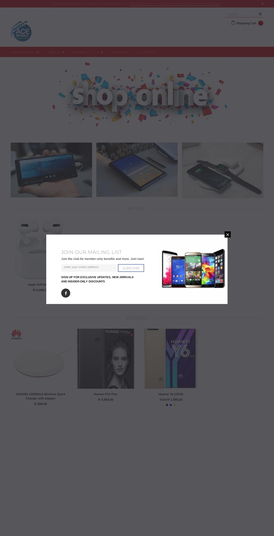 acemobile.co.za shopify website screenshot