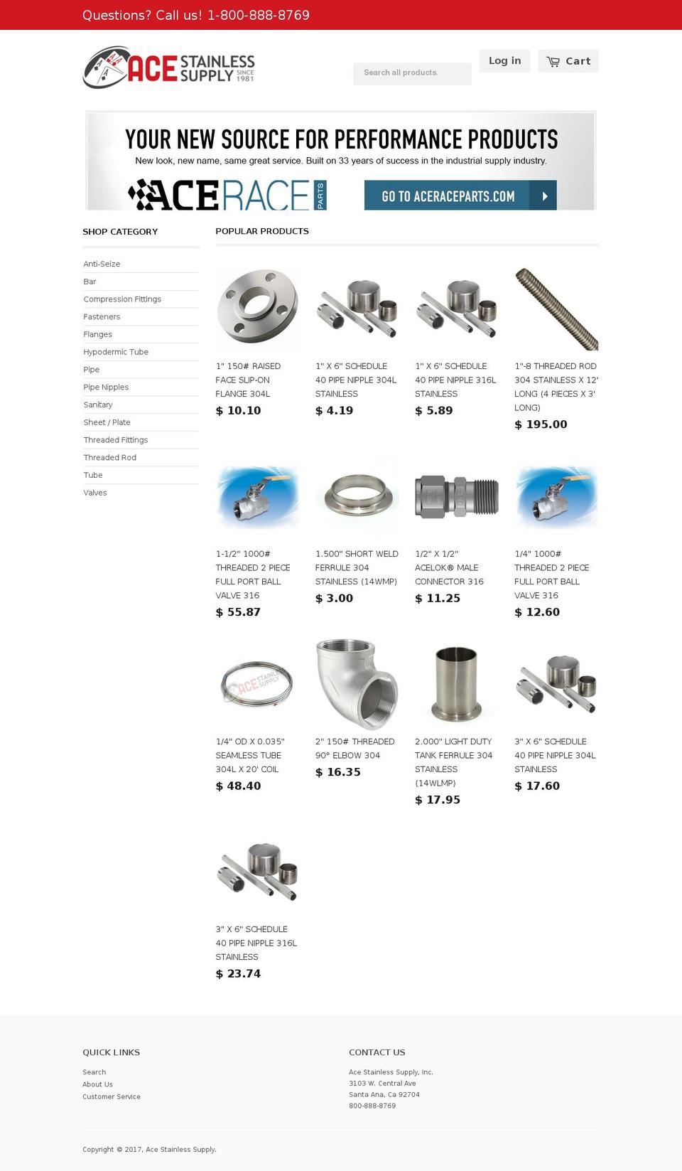 Ace Stainless Shopify theme site example acestainless.com