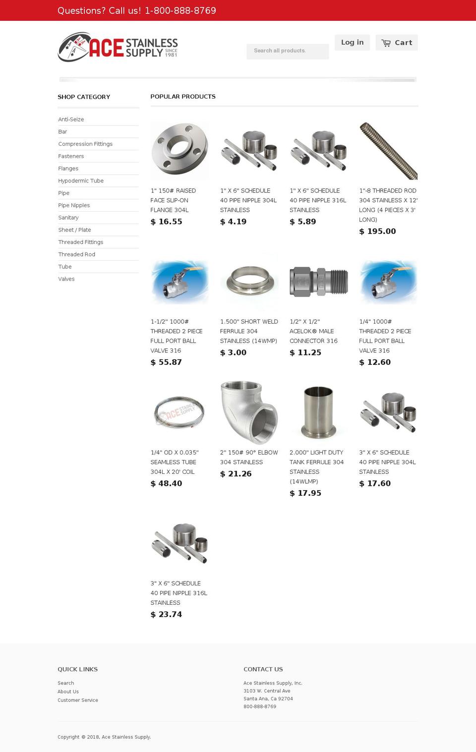 Ace Stainless Shopify theme site example acestainless.net