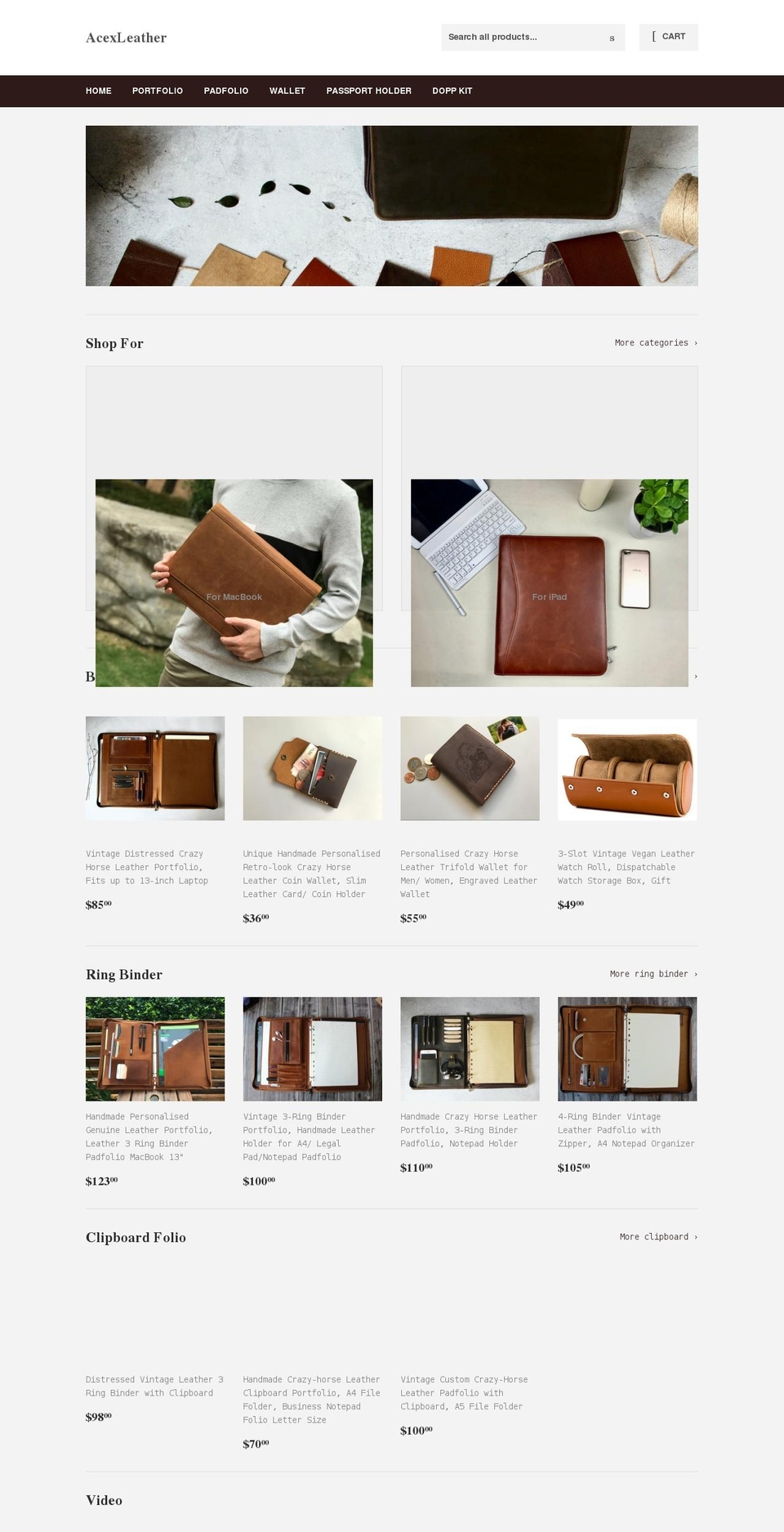 acexleather.com shopify website screenshot