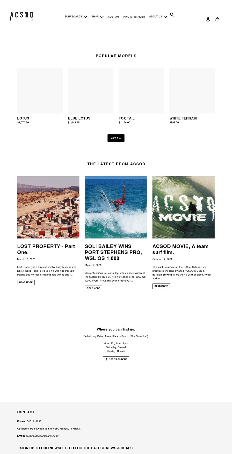 acsodsurfboards.com shopify website screenshot
