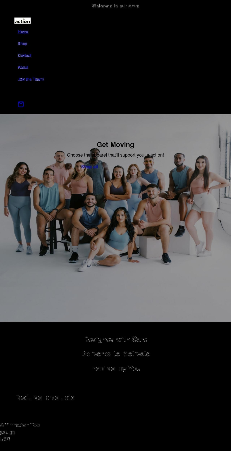 actionapparelco.com shopify website screenshot