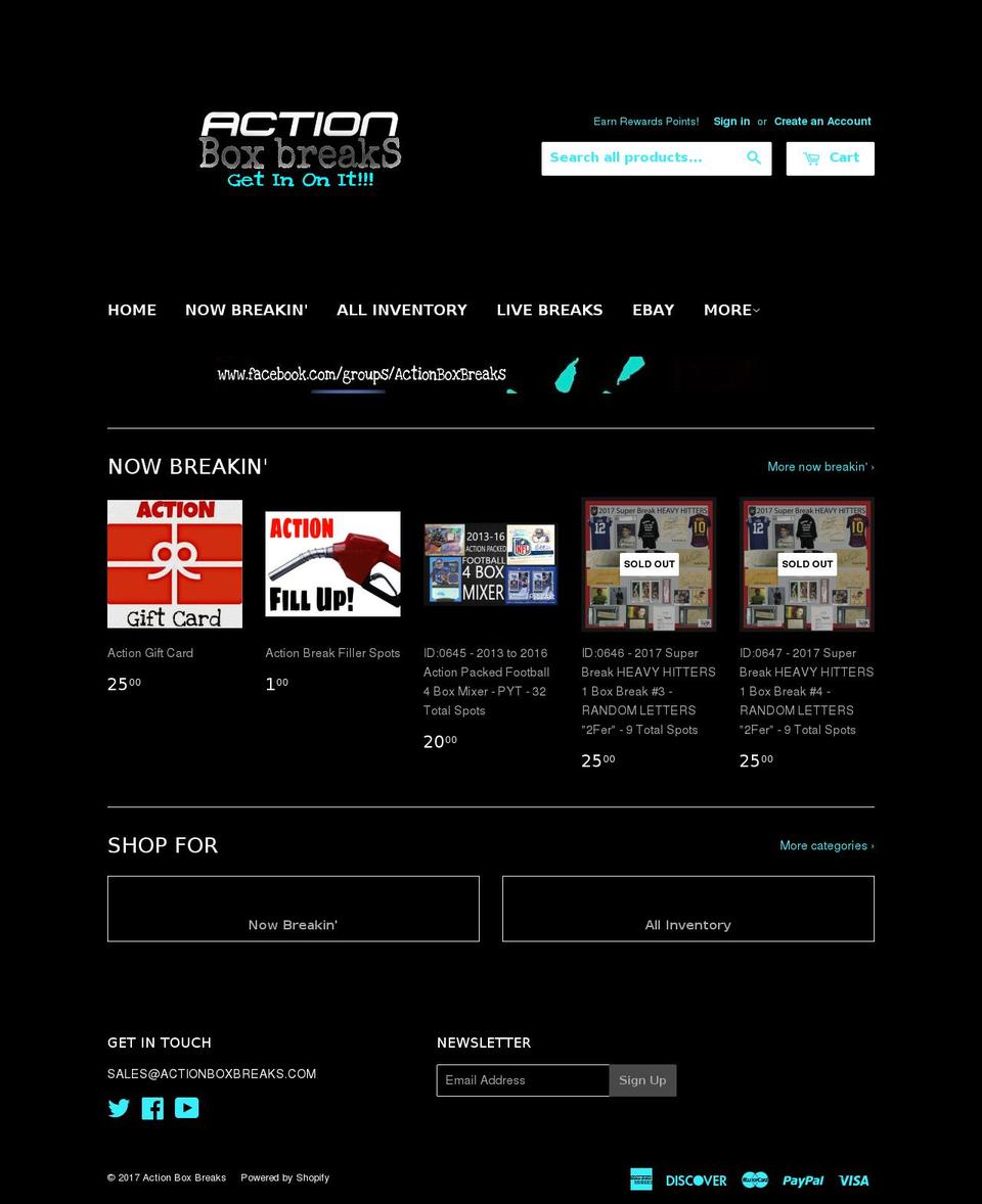 actionboxbreaks.com shopify website screenshot