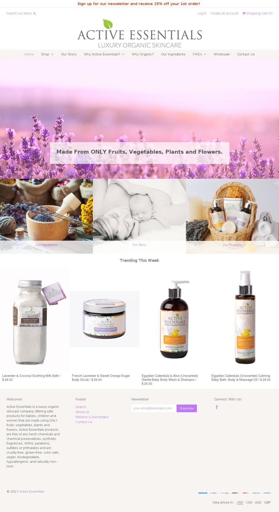 activeessentialsskincare.com shopify website screenshot