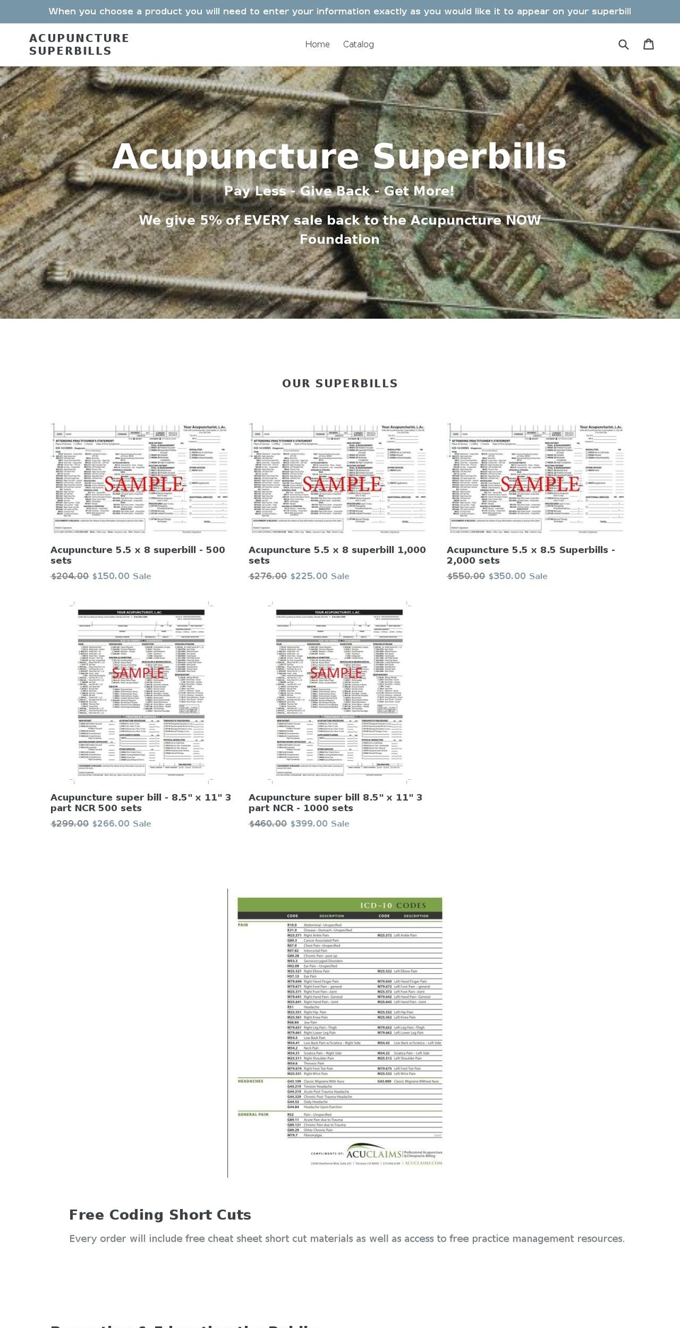 acupuncturesuperbills.com — Shopify storefront screenshot
